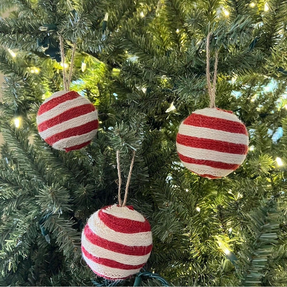 Red and Cream Striped Yarn Ball Ornaments